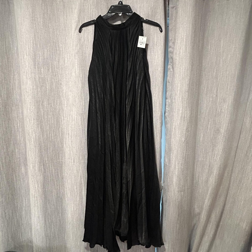 Ashley Stewart Dress Womens 14/16 Black Pleated Halter Maxi Trapeze Chiffon